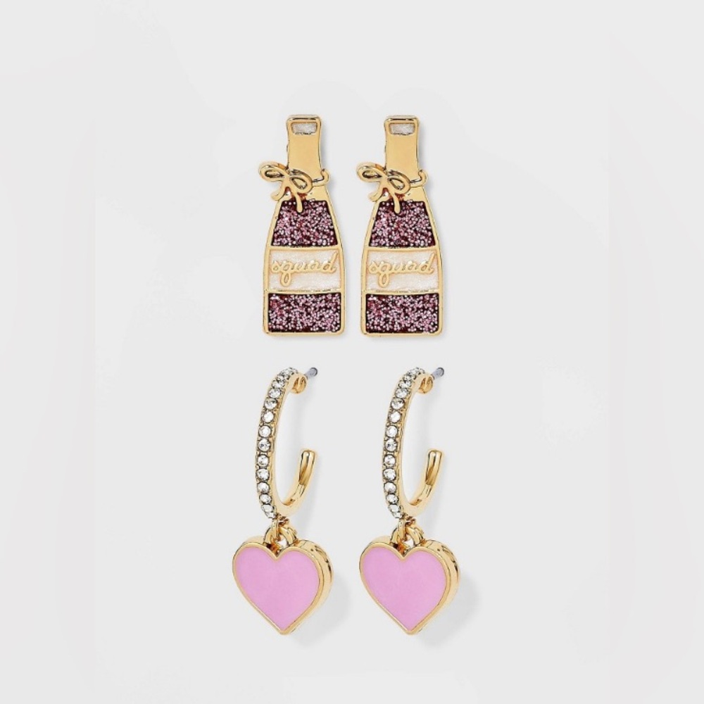 Gold and Pink Heart Hoop Earrings